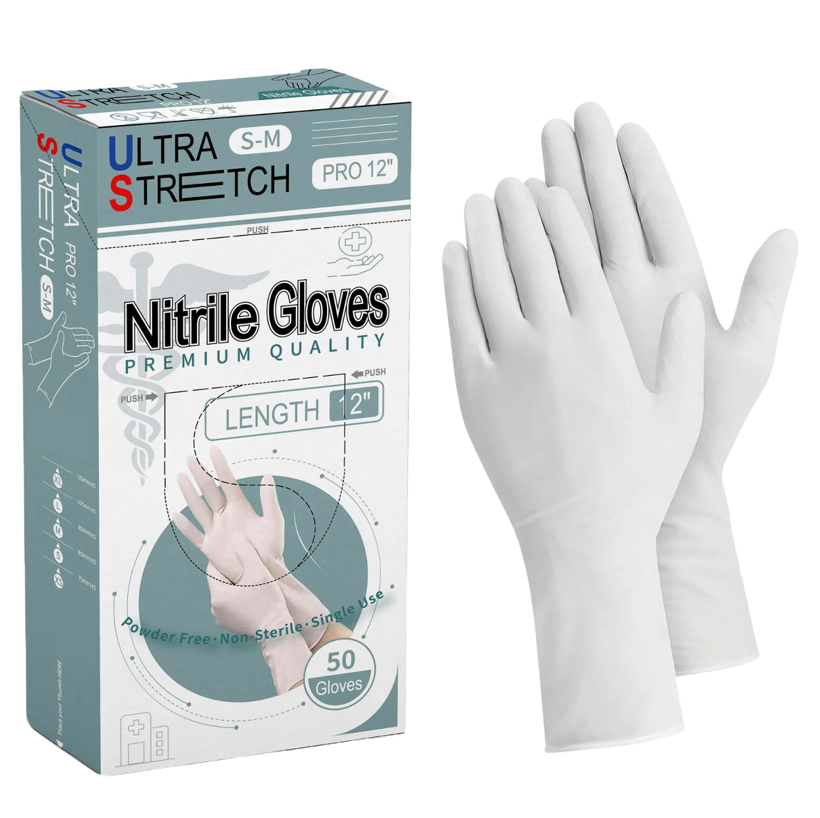 Ultra Stretch White Nitrile Exam Gloves – 7 Mil, 12" Extended Cuff (50/Box)