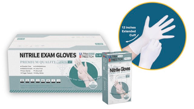 1000 counts Ultra Stretch White Nitrile Exam Gloves – 7 Mil, 12" Extended Cuff
