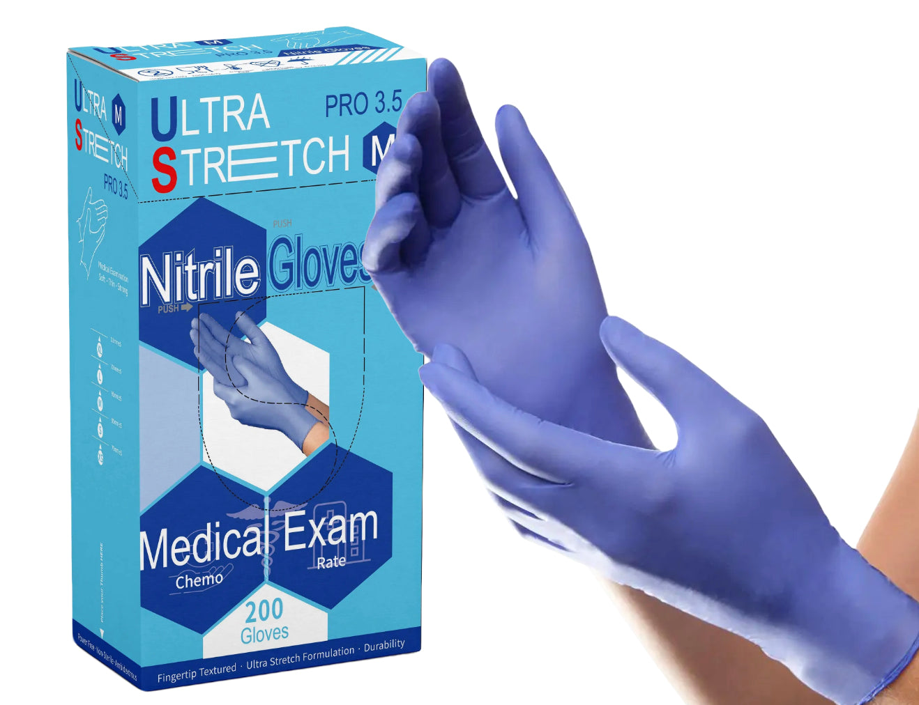 Ultra Stretch Professional Ice Blue Nitrile Exam Gloves – 3.5 Mil (200/Box)