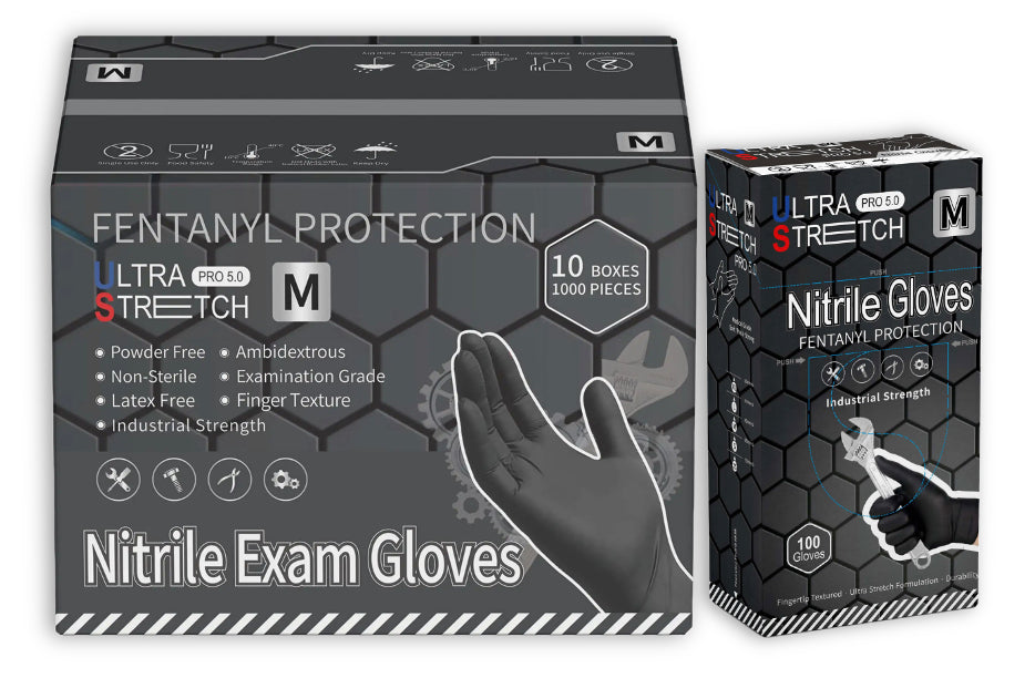 1000 counts 5 Mil Ultra Stretch Professional Heavy-Duty Black Nitrile Exam Gloves