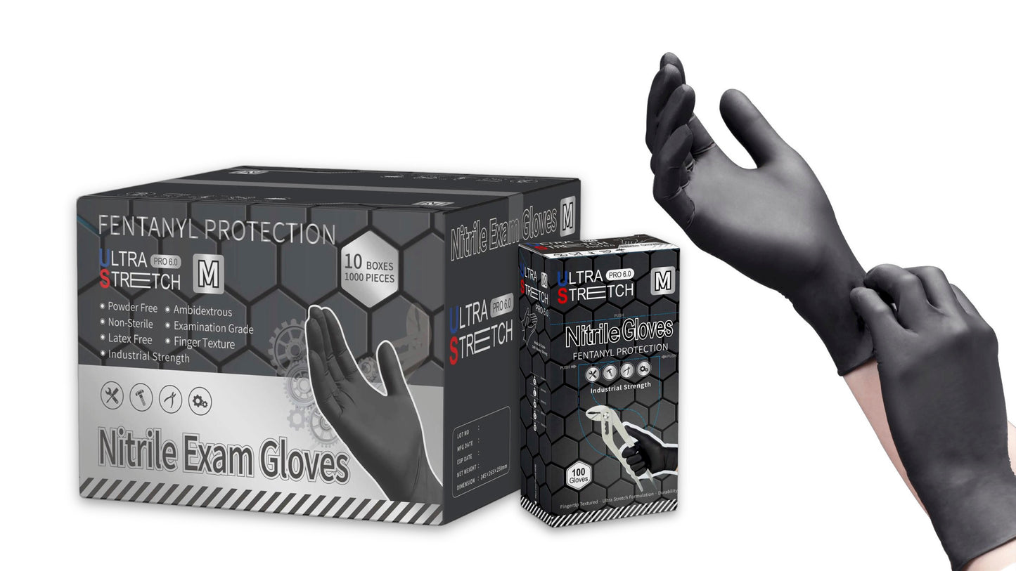 1000 counts 6 Mil Ultra Stretch Professional Heavy-Duty Black Nitrile Exam Gloves